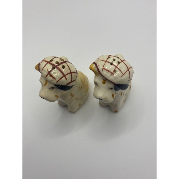 Vintage Ceramic Dog Salt & Pepper Shakers With Plaid Caps occupied Japan - Picture 2 of 13